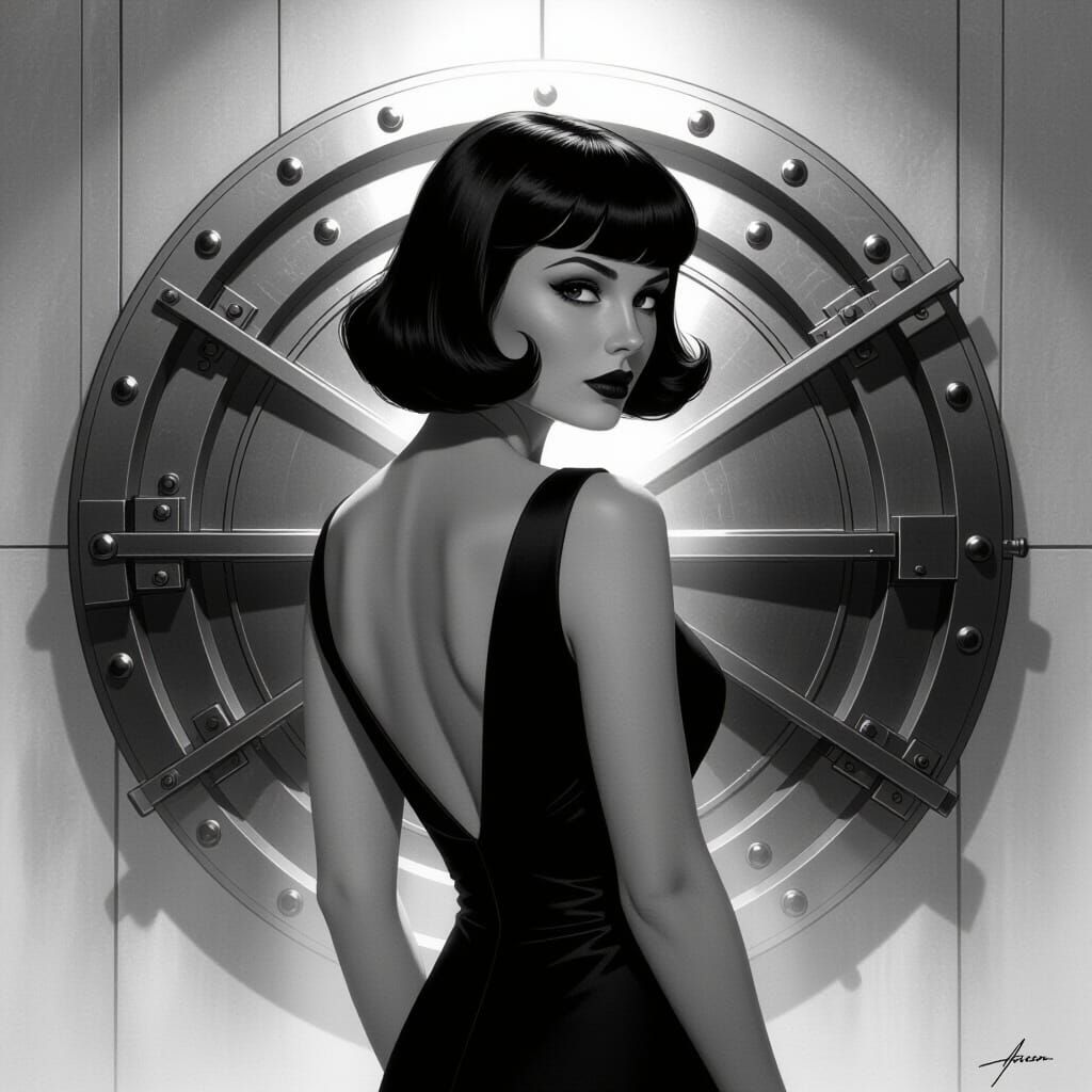 Noir Woman Before Futuristic Vault, High Contrast Black and ...