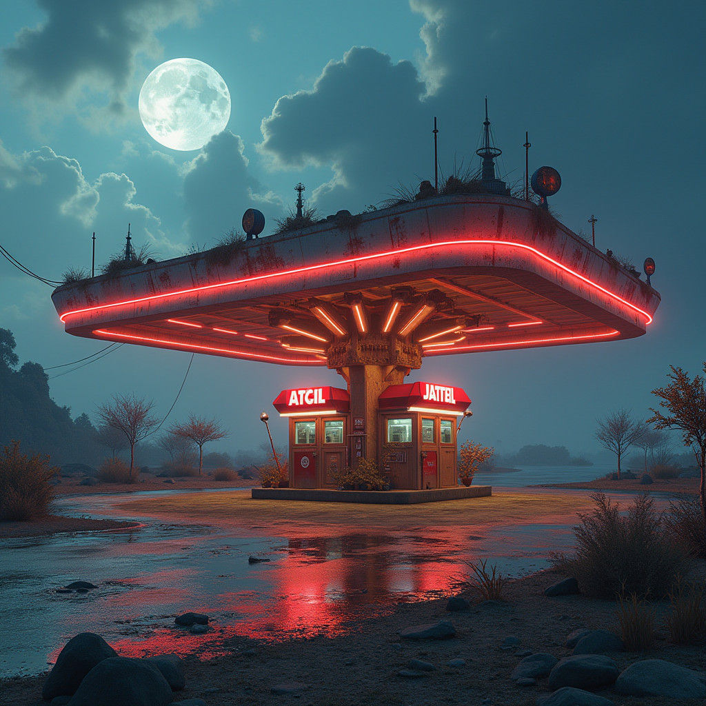 Abandoned Gas Station: Detailed Matte Painting