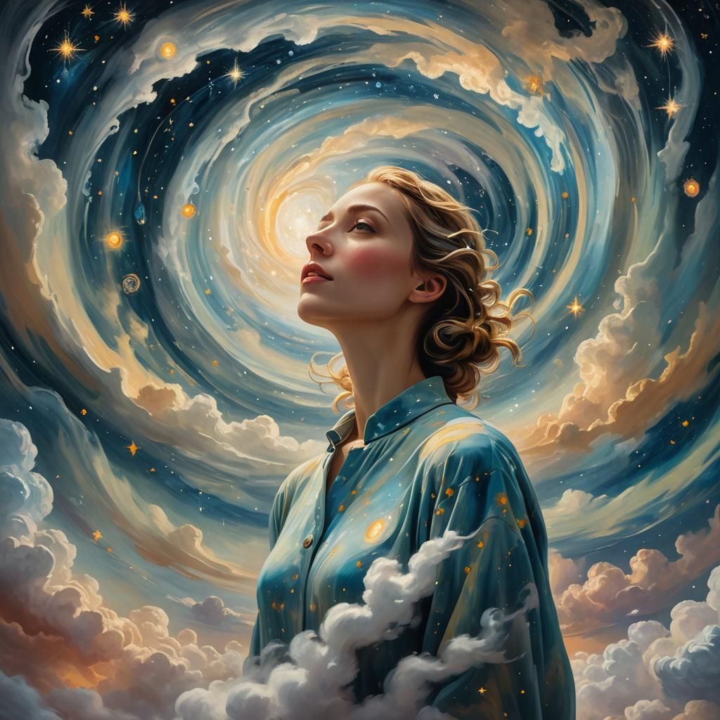 Surreal Dreamlike Figure in Swirling Starry Sky