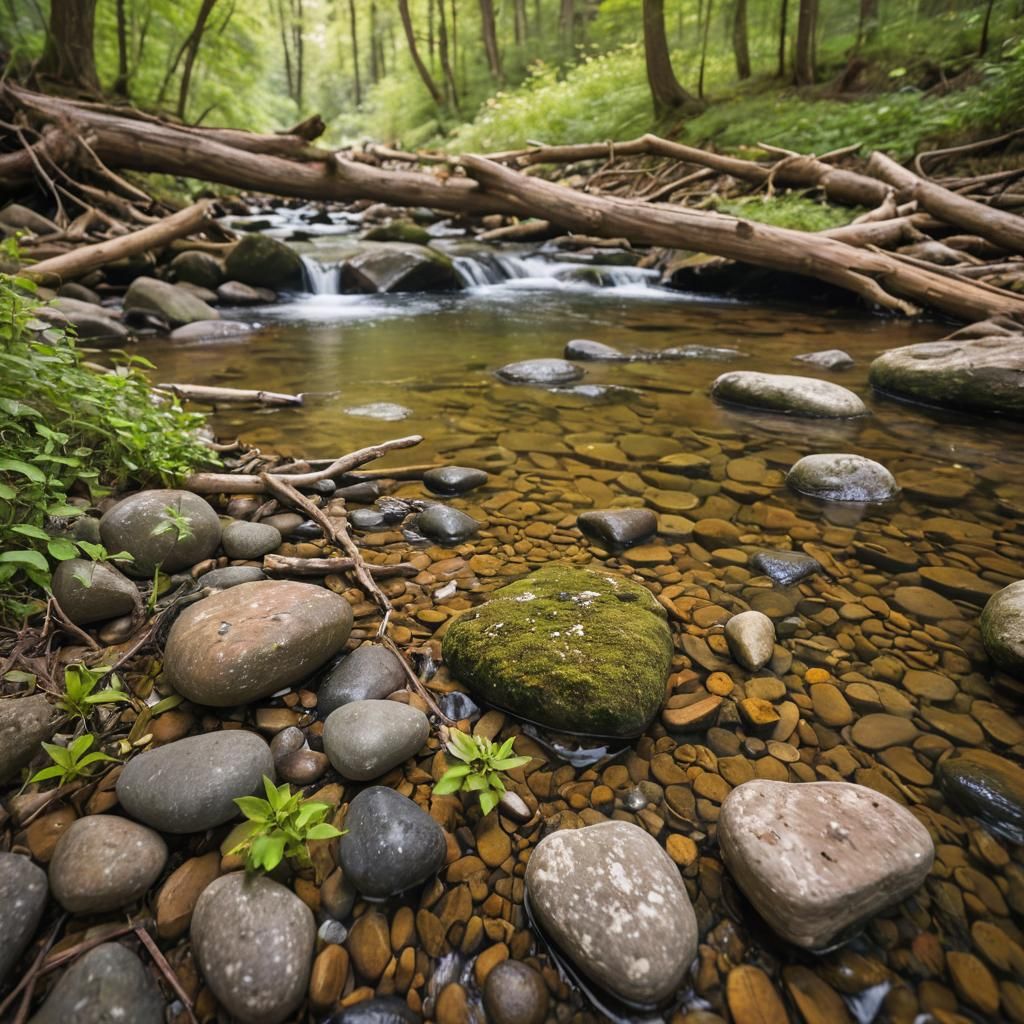 Lush Forest Stream in Sunlight: Landscape Photography
