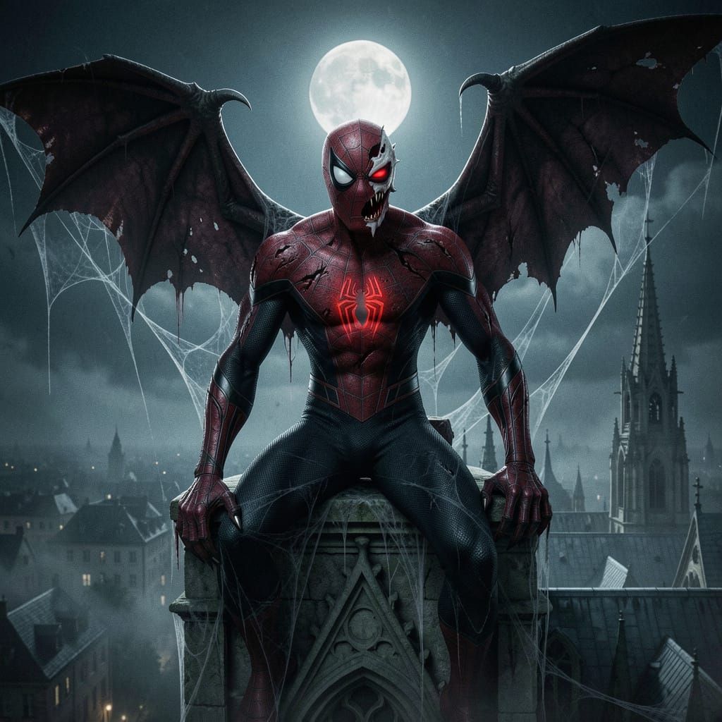 Vampire Spider-Man on Gothic Cathedral at Midnight