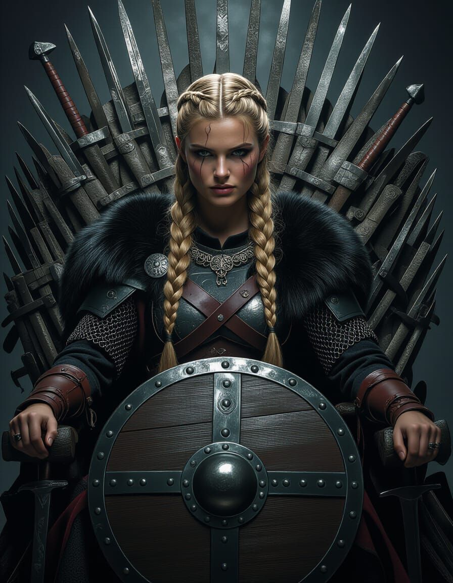 Viking Shield Maiden on Throne of Weapons