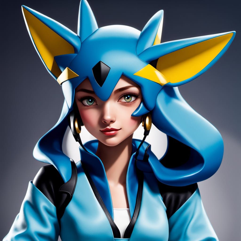 Giant Lucario Woman in Brilliant Blue Coat with Jade Jewelry