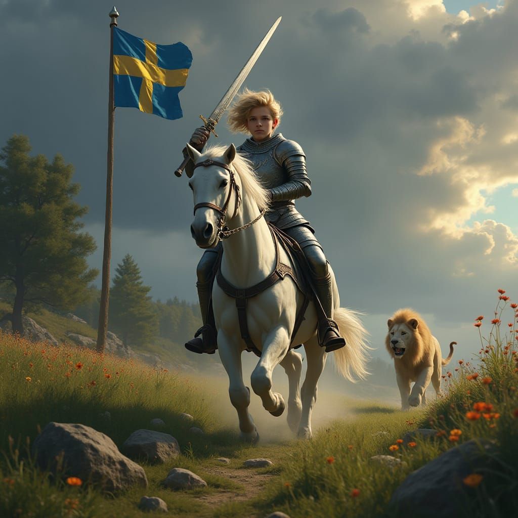 Knight on White Horse in Cinematic Landscape