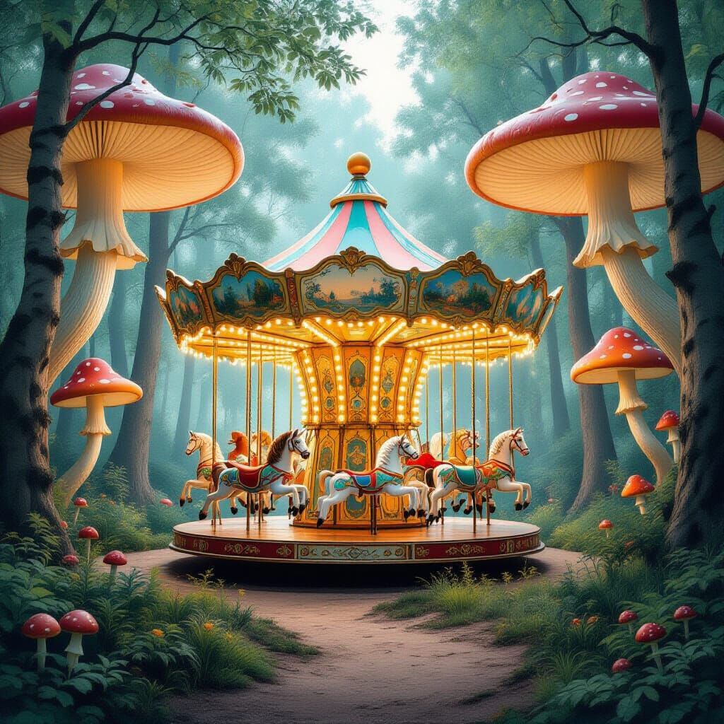 Enchanted Forest Carousel Aglow with Luminous Mushrooms
