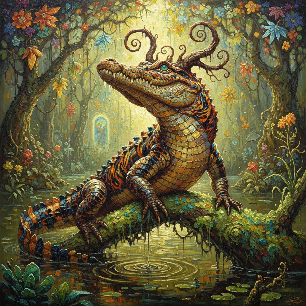 Tiger-Striped Alligator Emerges from Swamp in Painterly Styl...