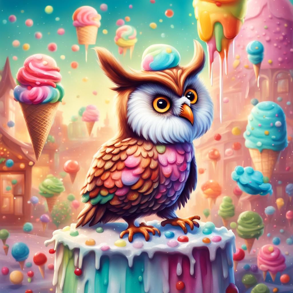 Owl's Sweet Treat: A Whimsical Ice Cream Parlor Scene