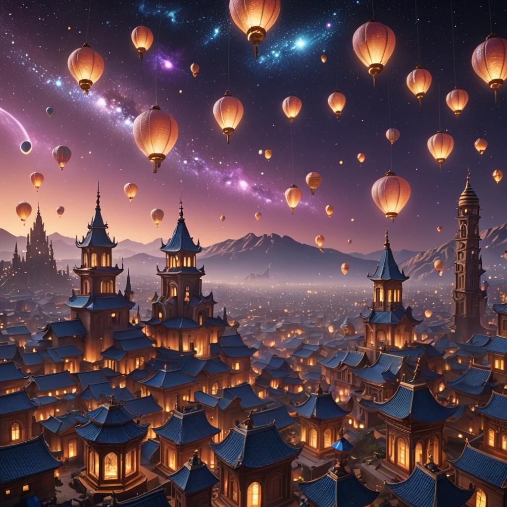 Alien Cityscape Under Starry Sky, Lanterns Aglow