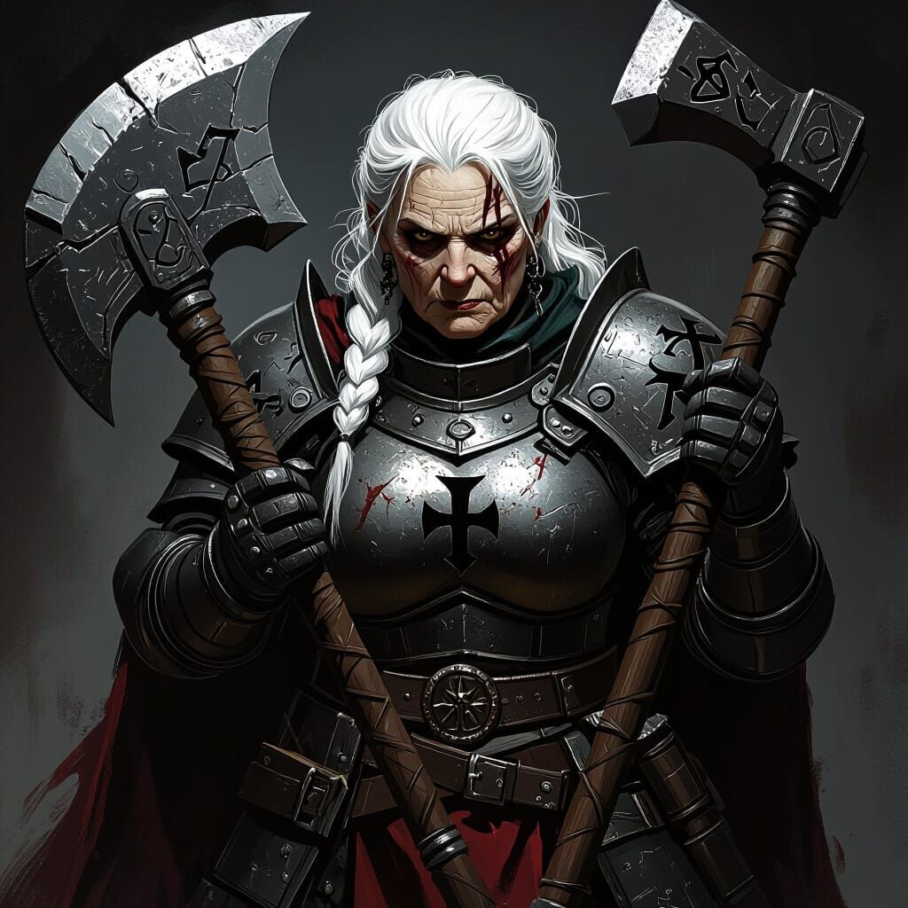 Elderly Commander Wields Greataxe in Dark Fantasy Art