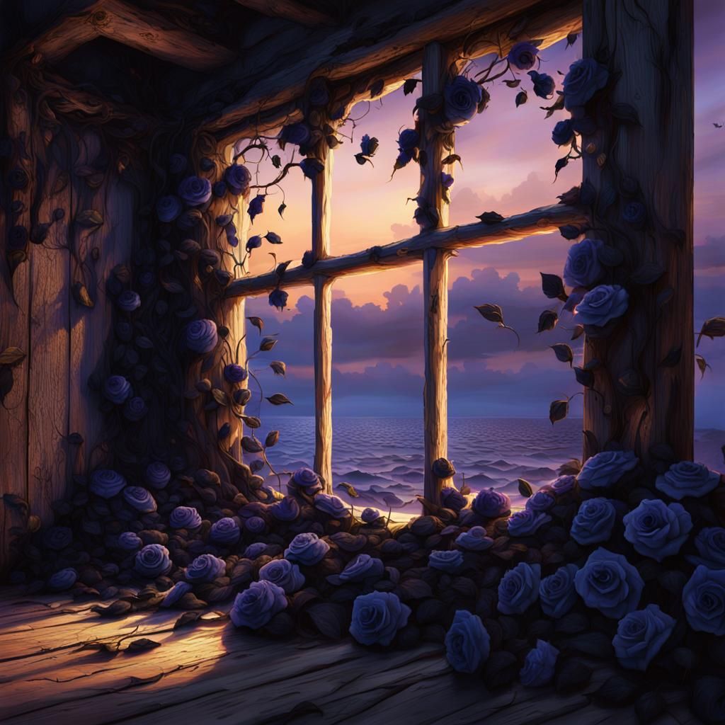 Whispers of Twilight: Black Roses Ascend a Weathered Beach C...