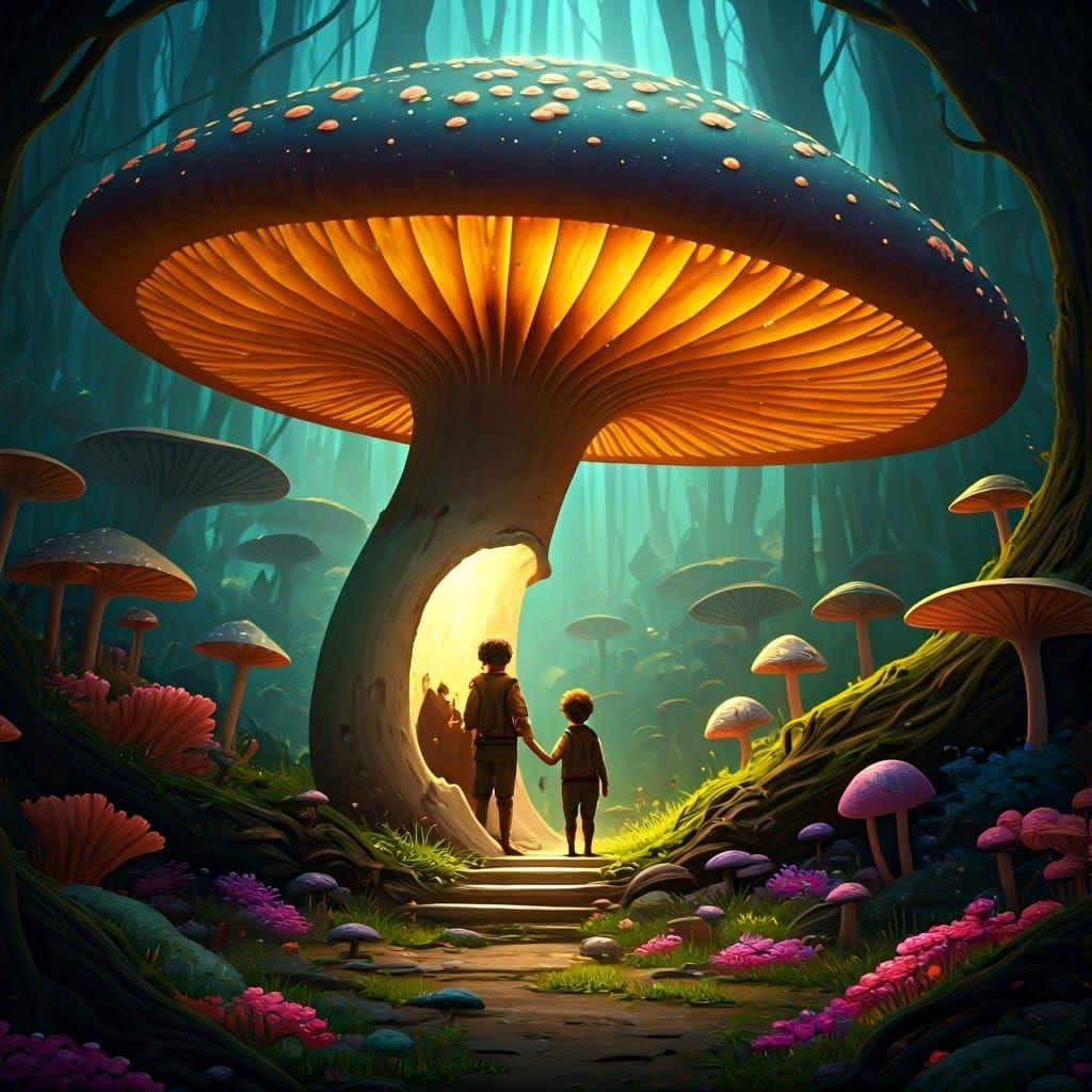 Enchanted Mushroom Forest Shelter in Digital Painting Style