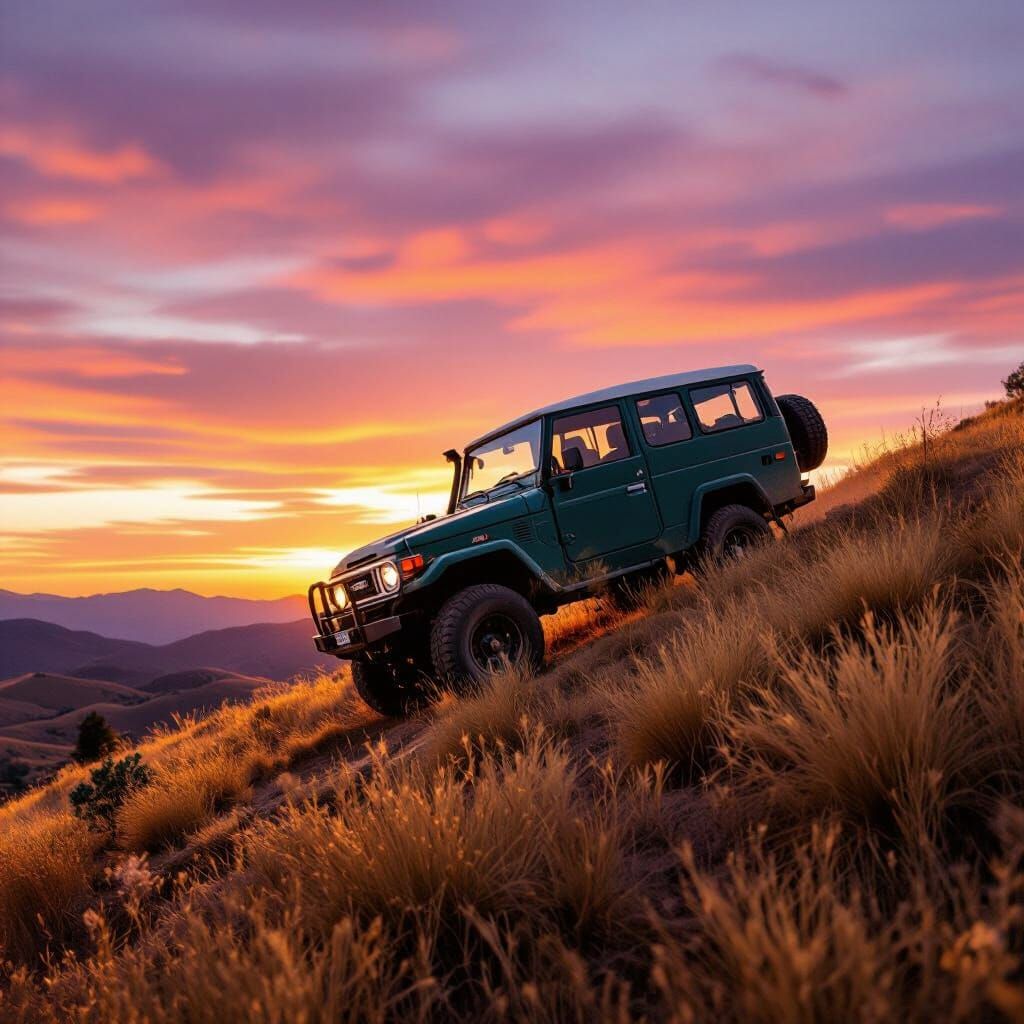 Rugged Land Cruiser Climbs Sunset Hill