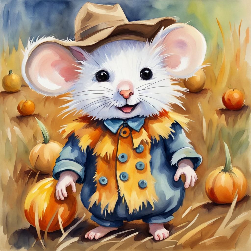 Cute Mouse in Scarecrow Costume Gouache Painting