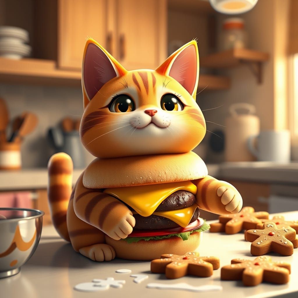 Cheeseburger Cat Baking Gingerbread in 3D Anime Style