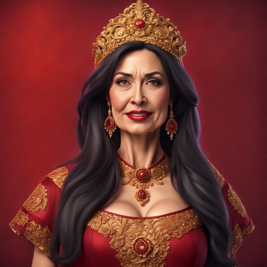 Latina Woman in Red and Gold Gown, 3D Rendering