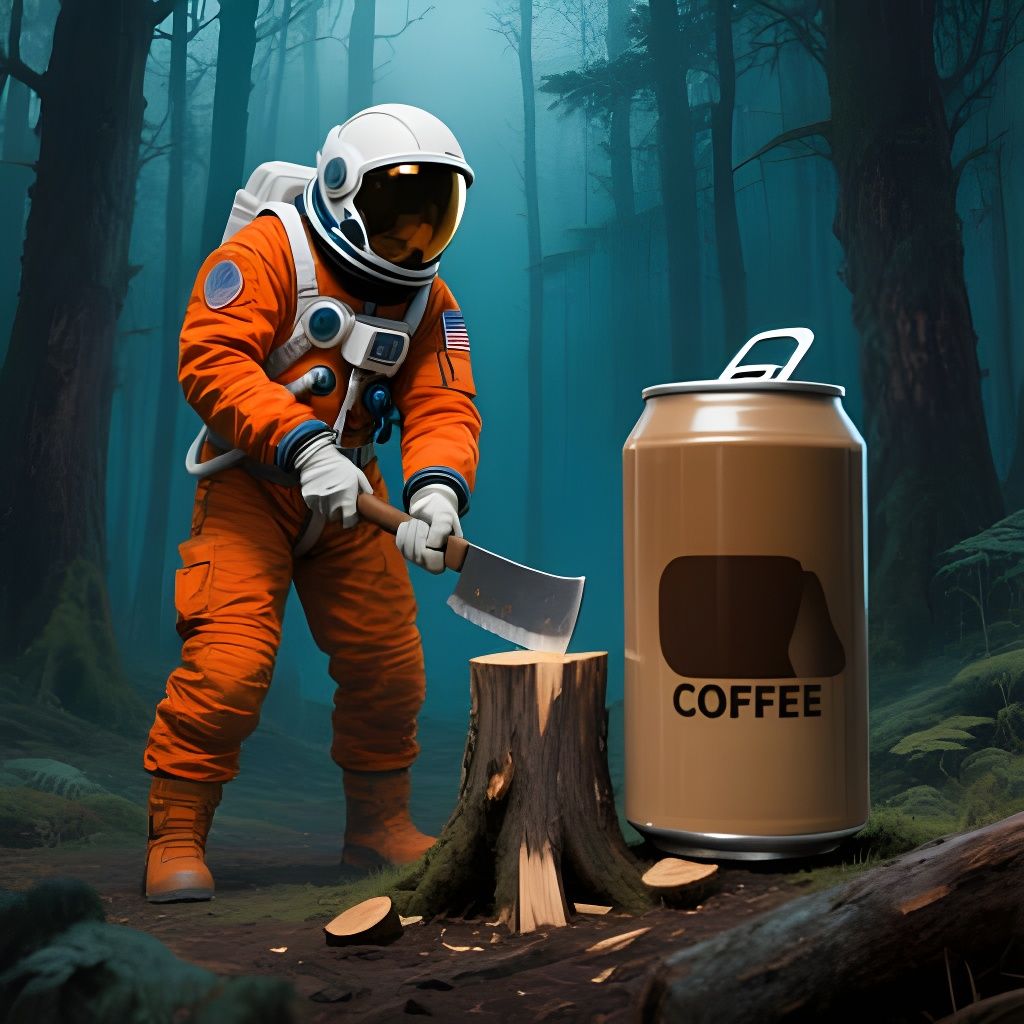Spaceman Chops Wood in Eerie Forest with Coffee
