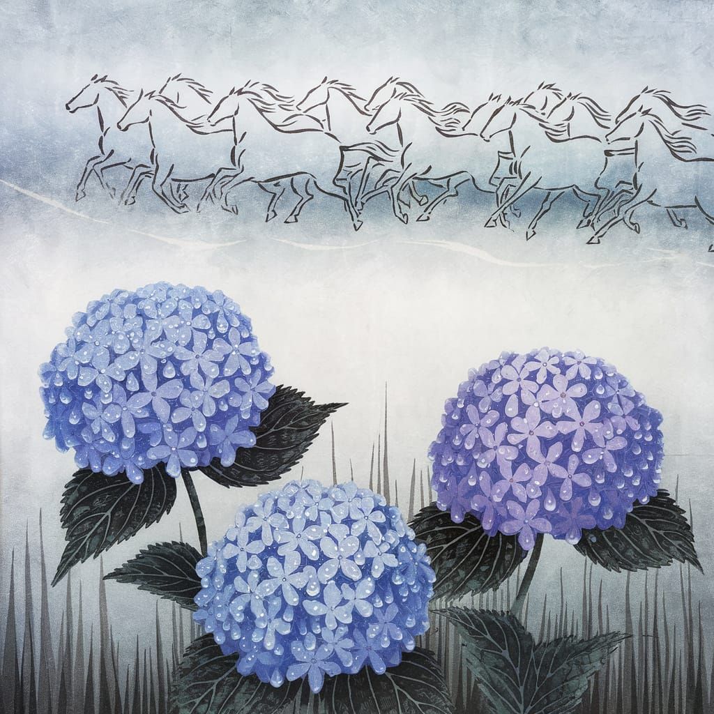 Hydrangea Blooms in Ephemeral Mists of Anime-Inspired Art