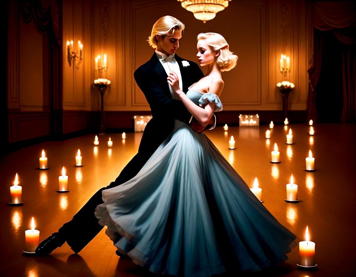 Ballroom Dancers in Soft Candlelight, Old Hollywood Style