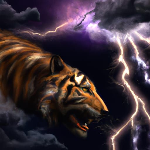 Mythical Tiger in Majestic Night Sky Thunderstorm