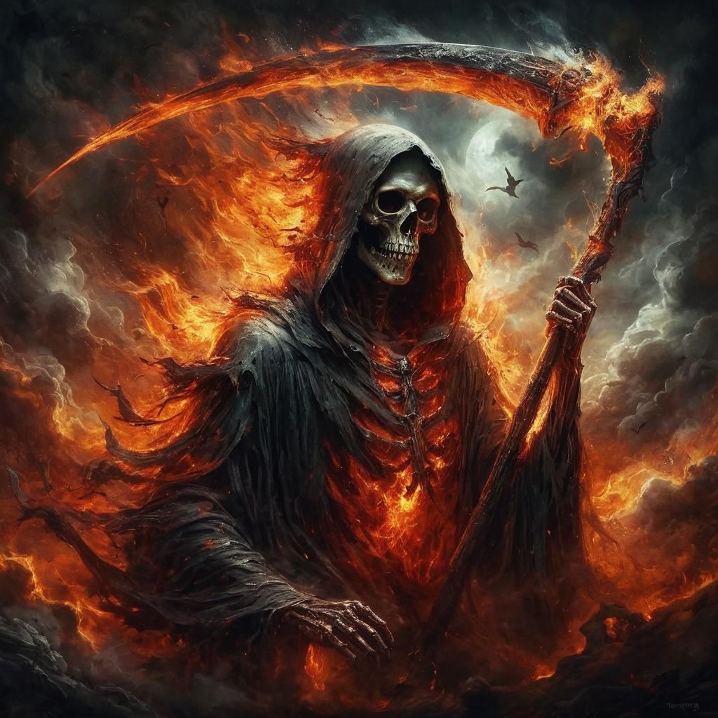 Portrait of the grim reaper with his burning scythe