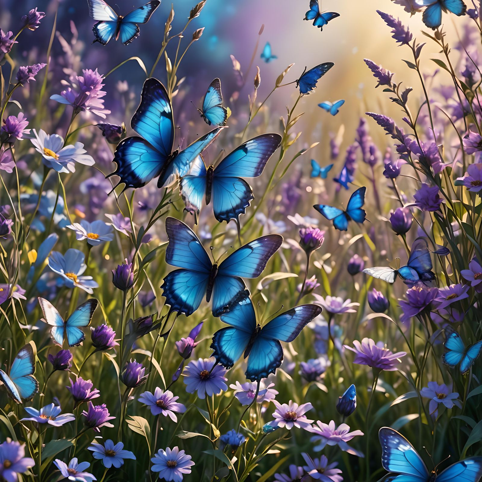 Blue Butterflies in Fantastical Digital Painting