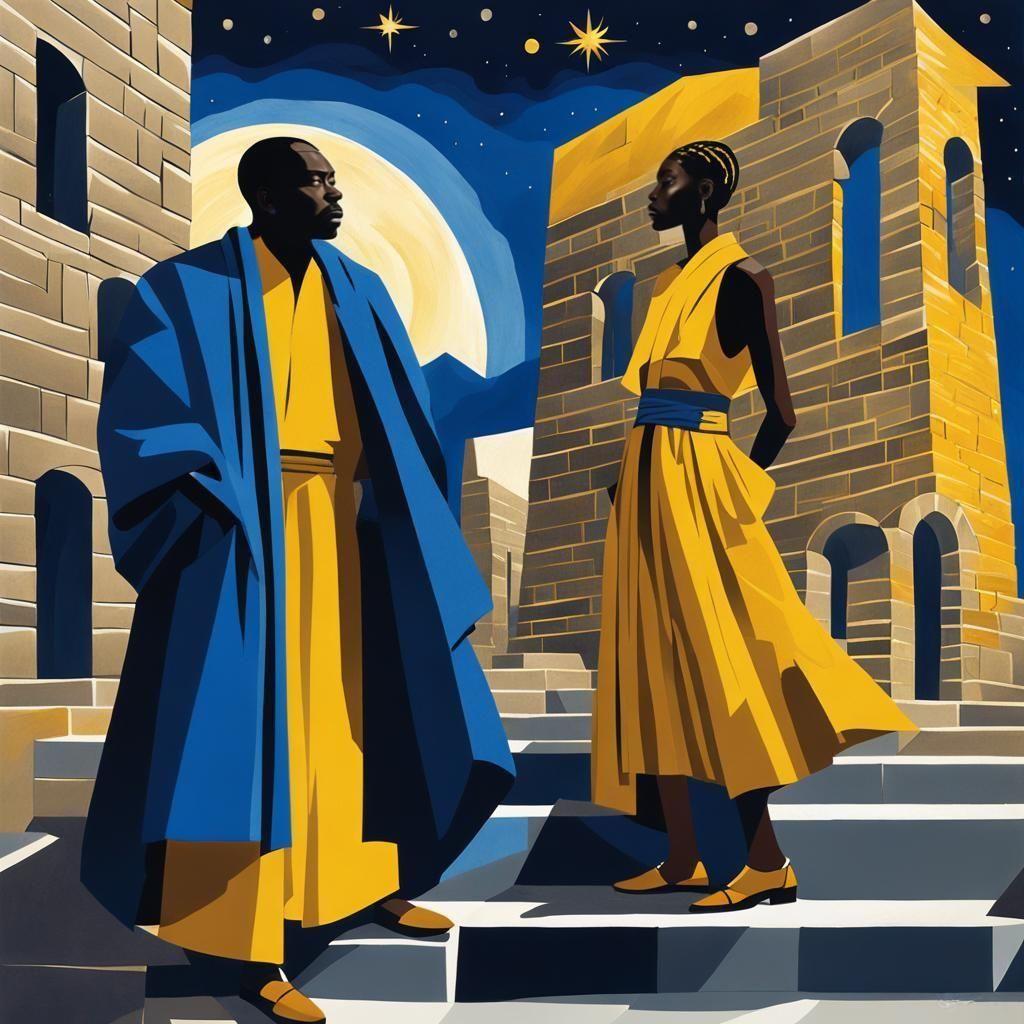 Minimalist Cubist Scene of Astronomers Under Starry Sky