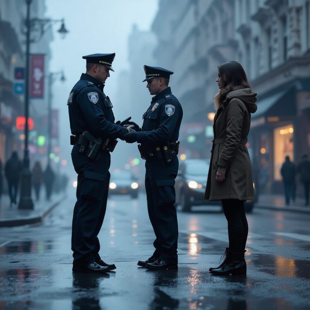 Sleek Police Officer Interaction in Foggy City