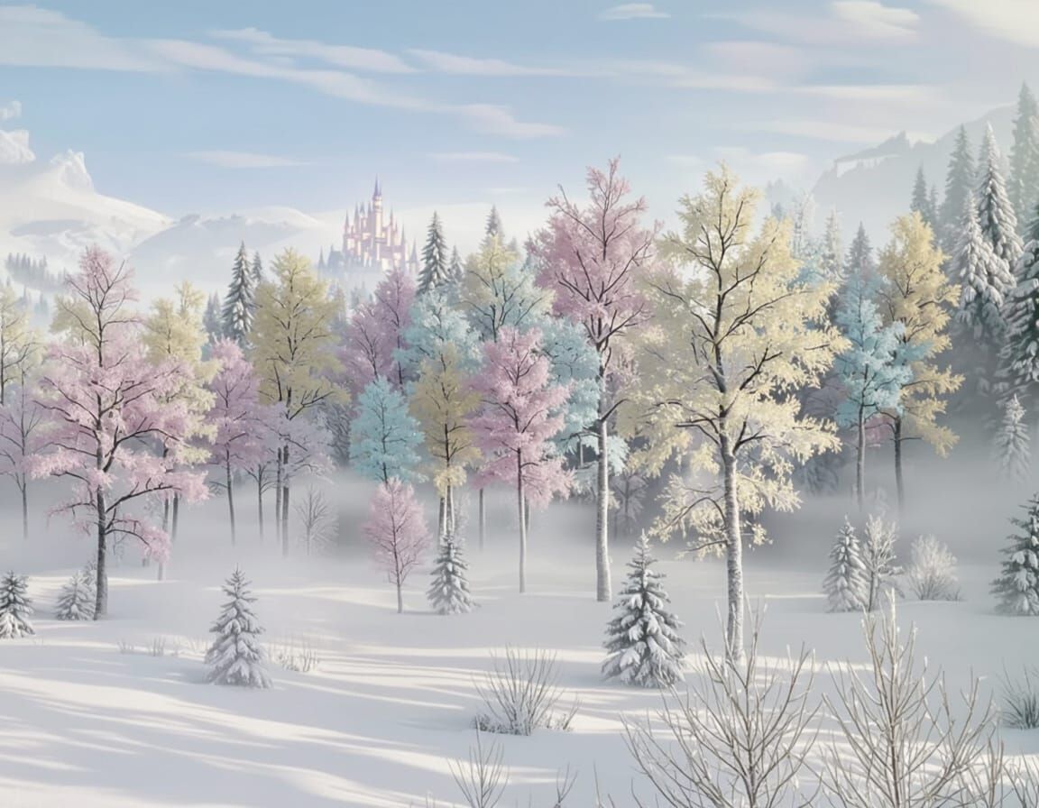 Ethereal Snowy Forest With Pastel Trees and Castle