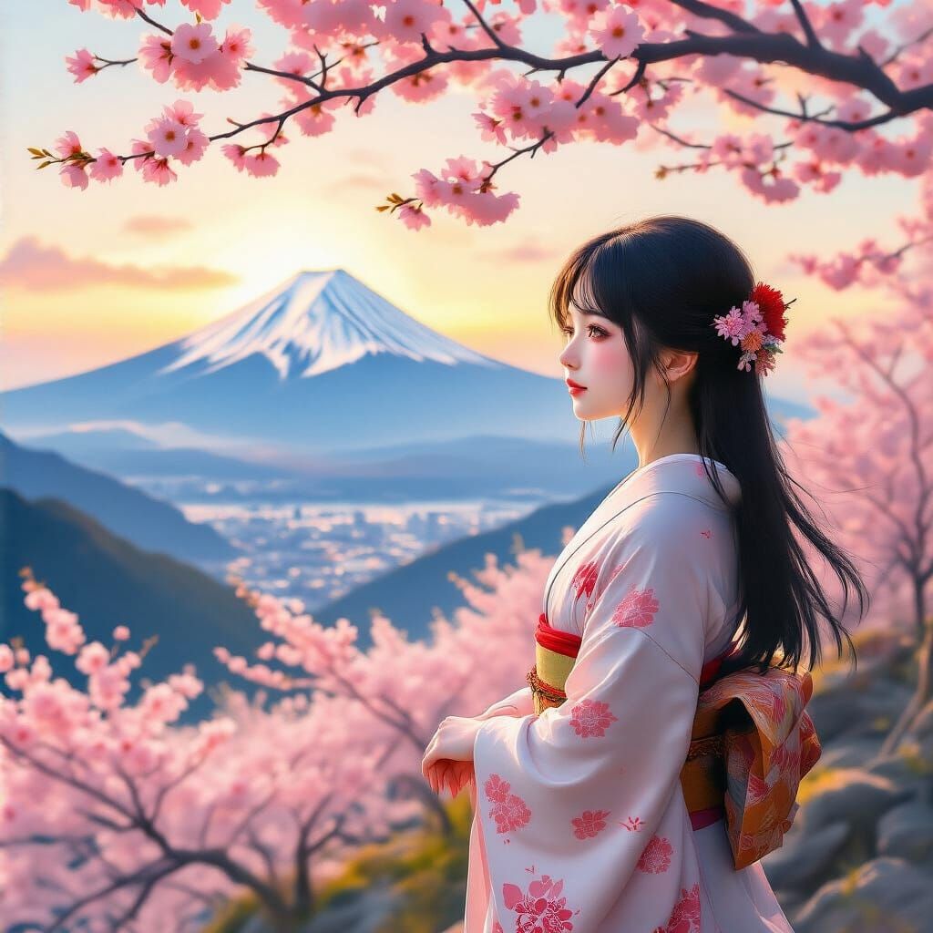 Japanese Girl Enjoys Cherry Blossoms on Mountain Peak