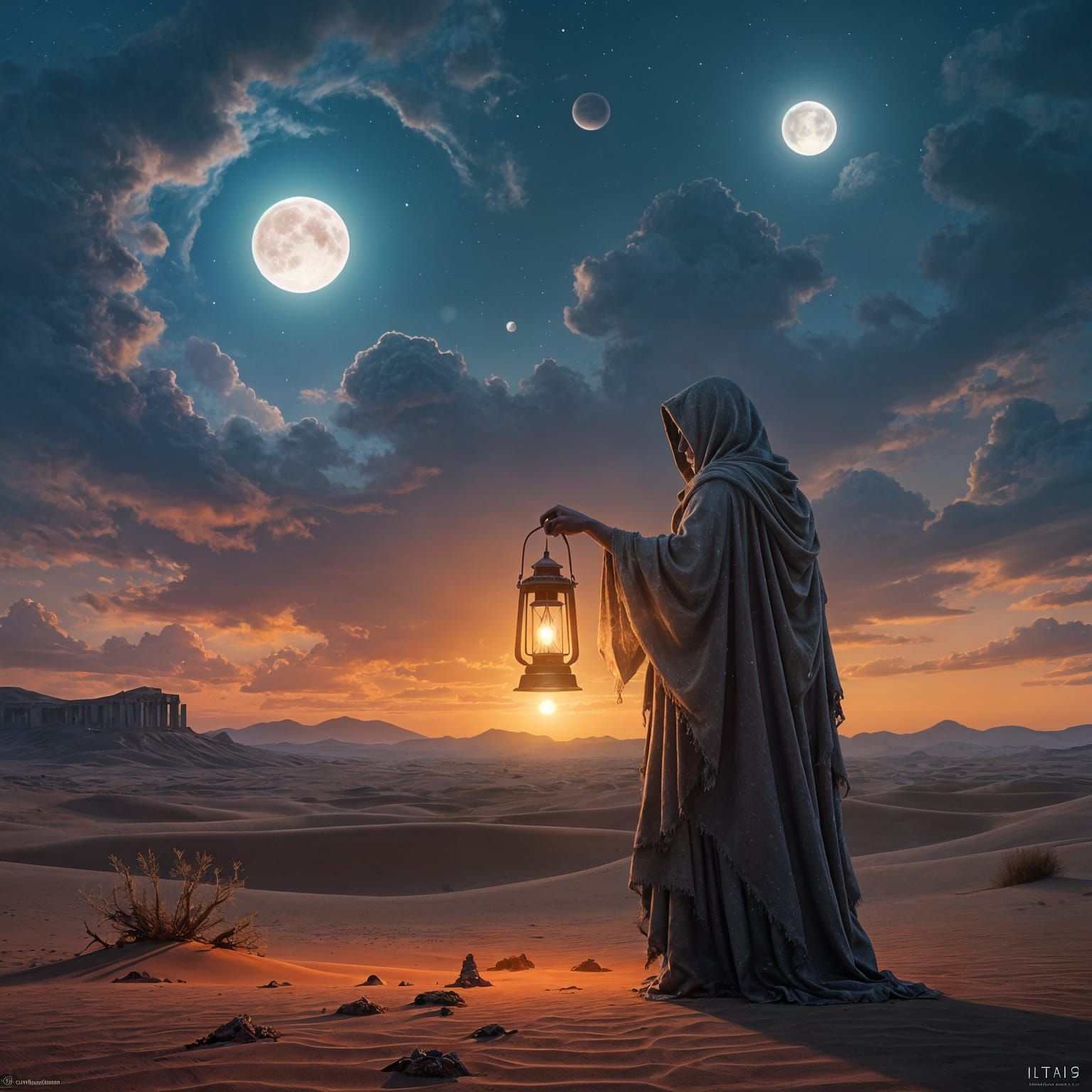 Ethereal Glow: Figure in Alien Desert Landscape