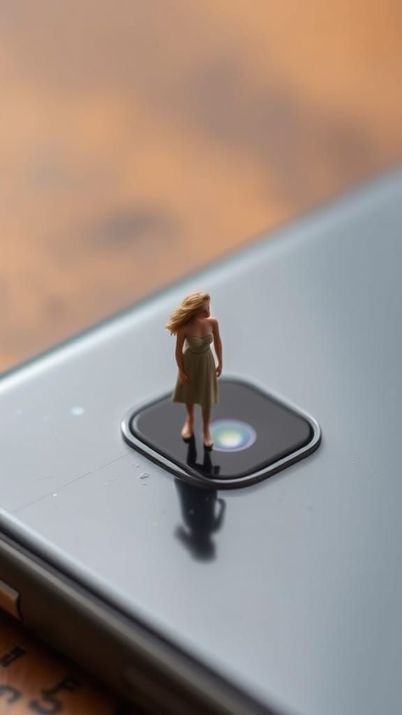 Tiny Woman on Modern Cell Phone in Stunning Macro Photograph...