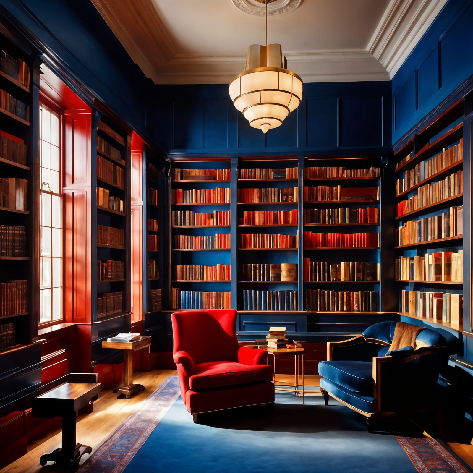 Cozy Library Interior with Blue and Red Theme