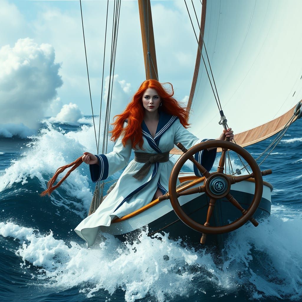 Fiery-Haired Sailor Commands Majestic Sailboat in Turbulent ...