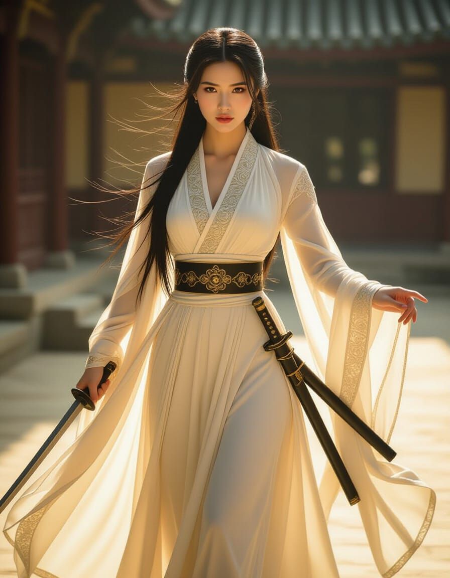 Asian Agent in Translucent Dress with Dagger