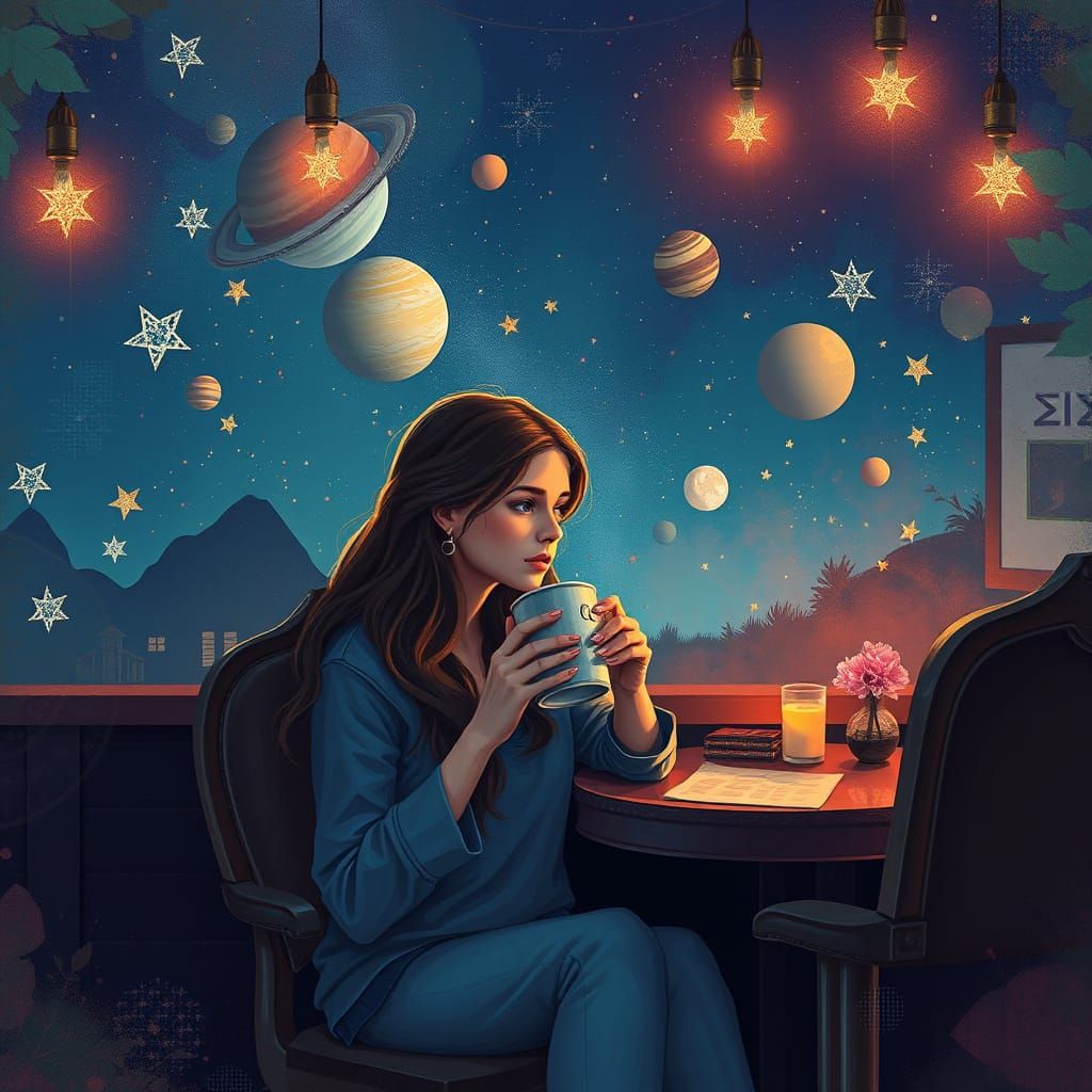 Galactic Cafe Scene in Digital Painting Style