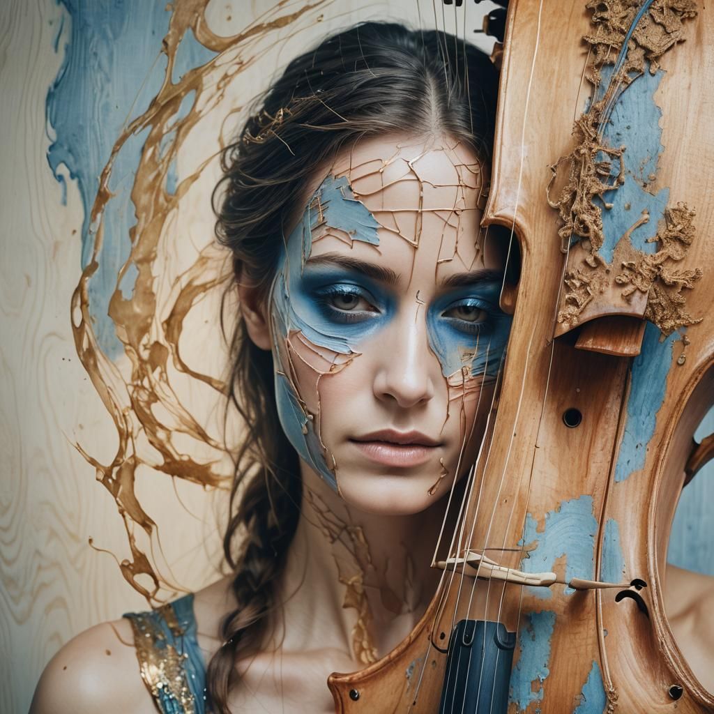 Surreal Woman Merging with Cello: Ethereal Portrait