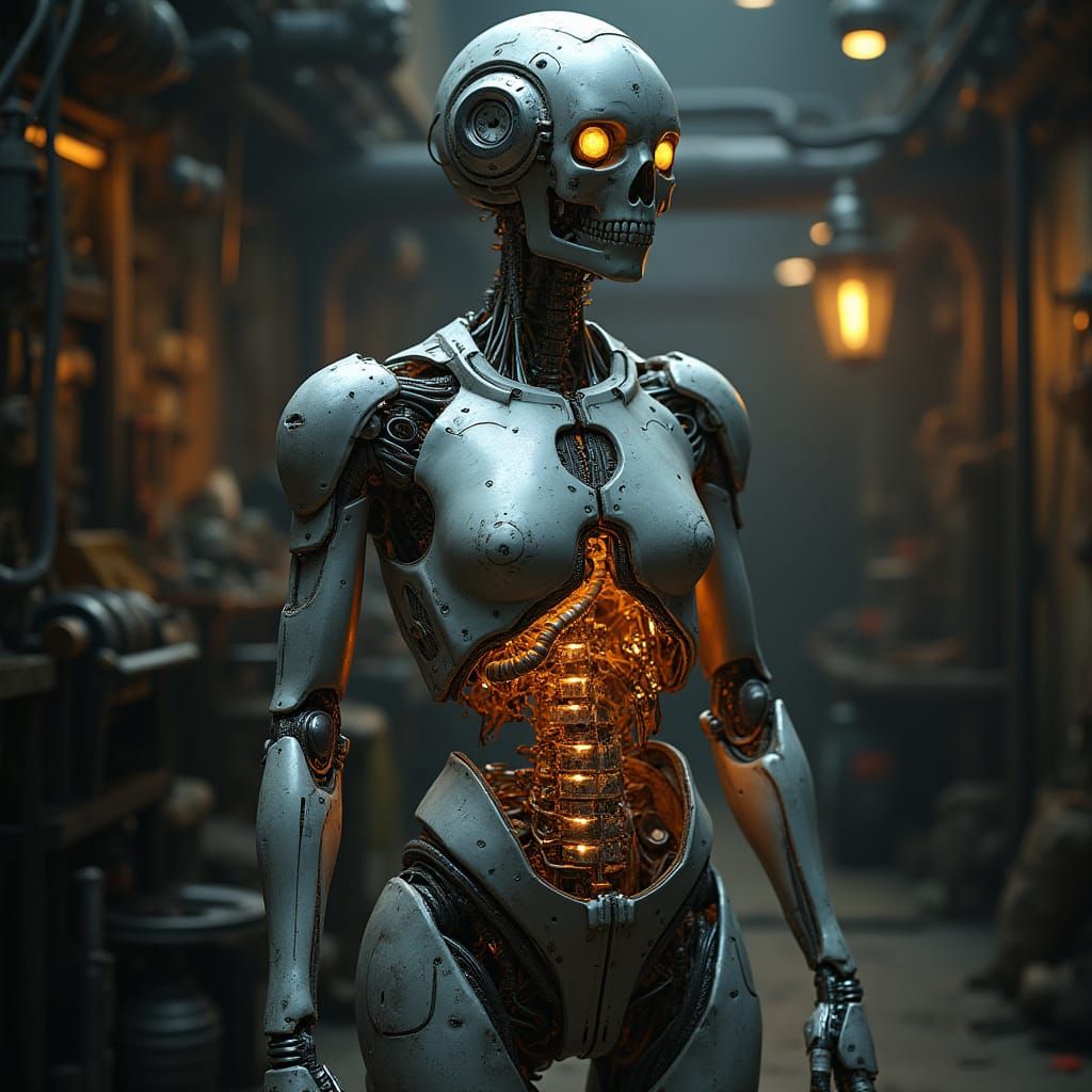 Futuristic Humanoid with Transparent Torso in Steampunk Work...