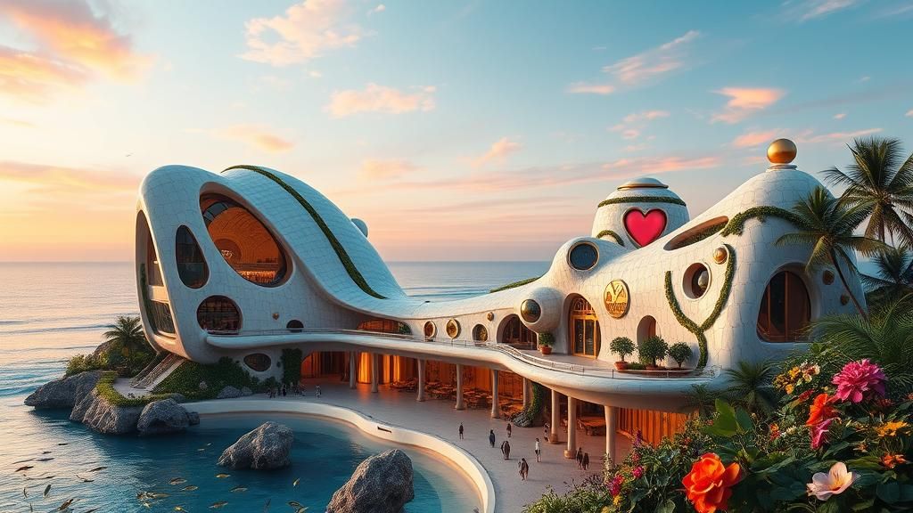 Futuristic Cyberpunk Beach Complex with Organic Architecture