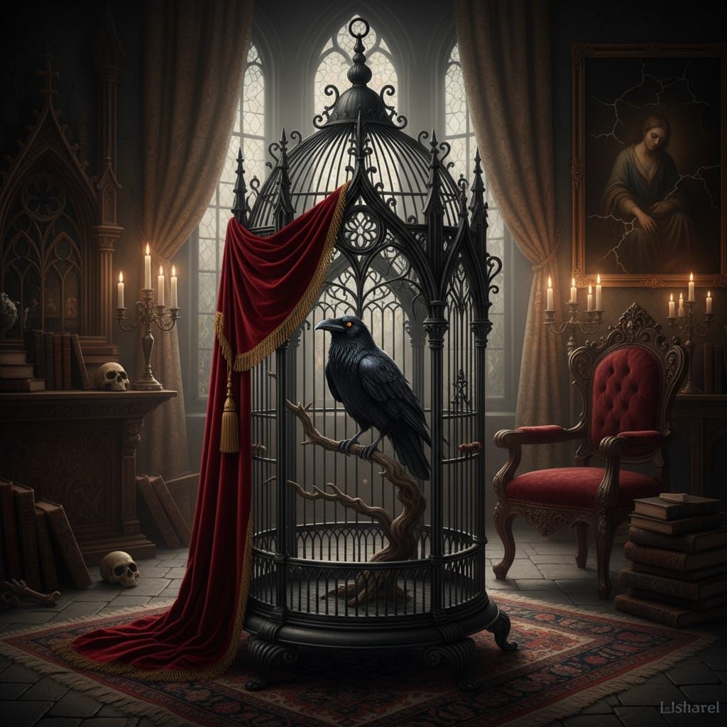 Gothic Raven in Ornate Birdcage