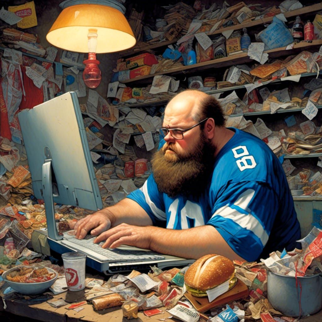 Detroit Lions Fan in Cluttered Basement: Detailed Matte Pain...