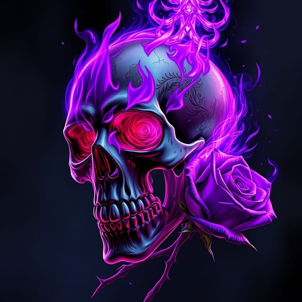 Skull with Purple Flames and Rose in Gothic Style