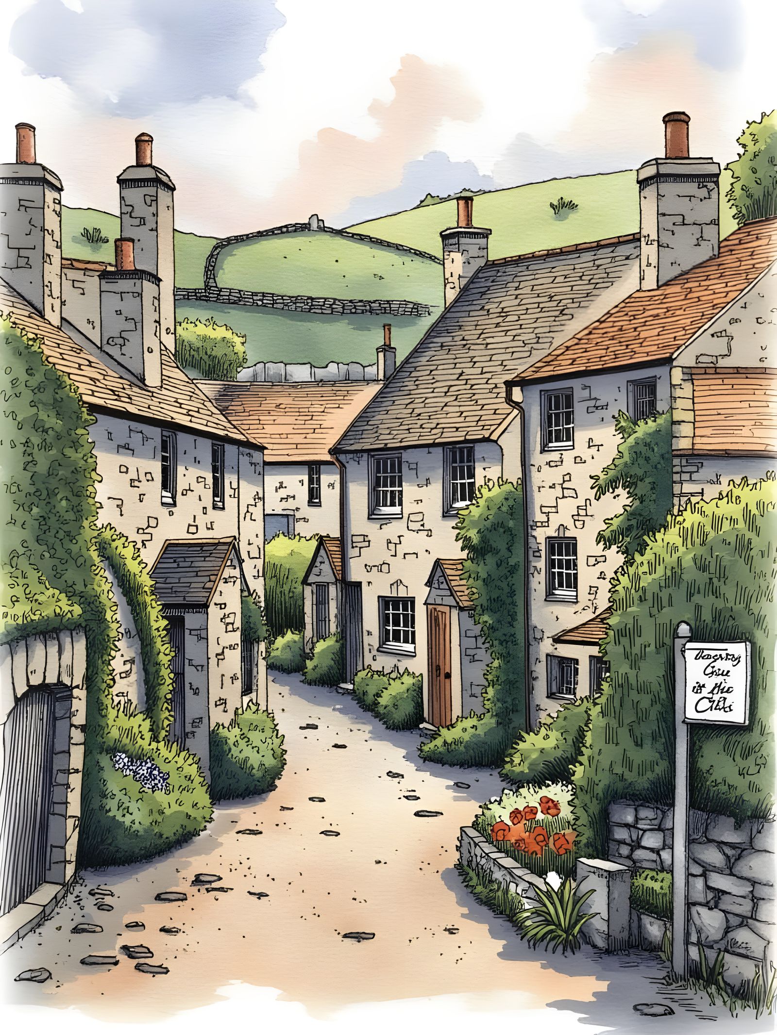 A quaint street scene features charming stone buildings.