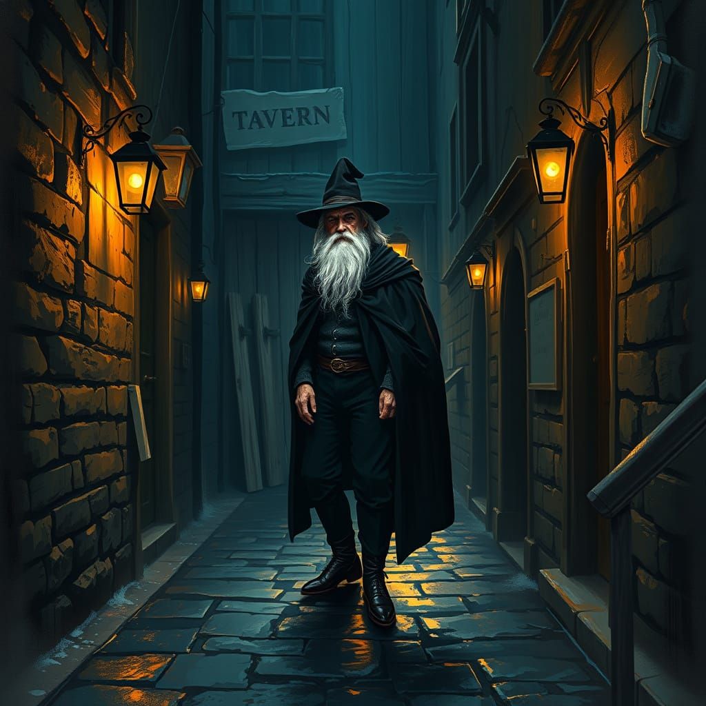 Mysterious Old Man Emerges from Medieval Tavern in Film Noir...