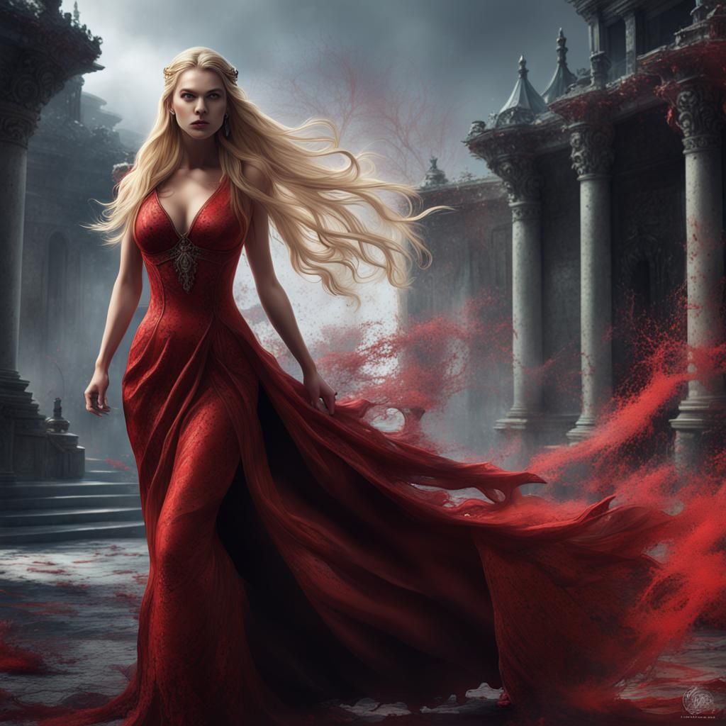 Woman in Red Dress with Ink Splatter Detail