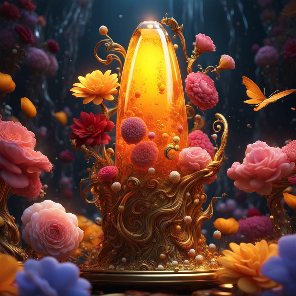 Golden Lava Lamp with Flying Flowers in Matte Painting