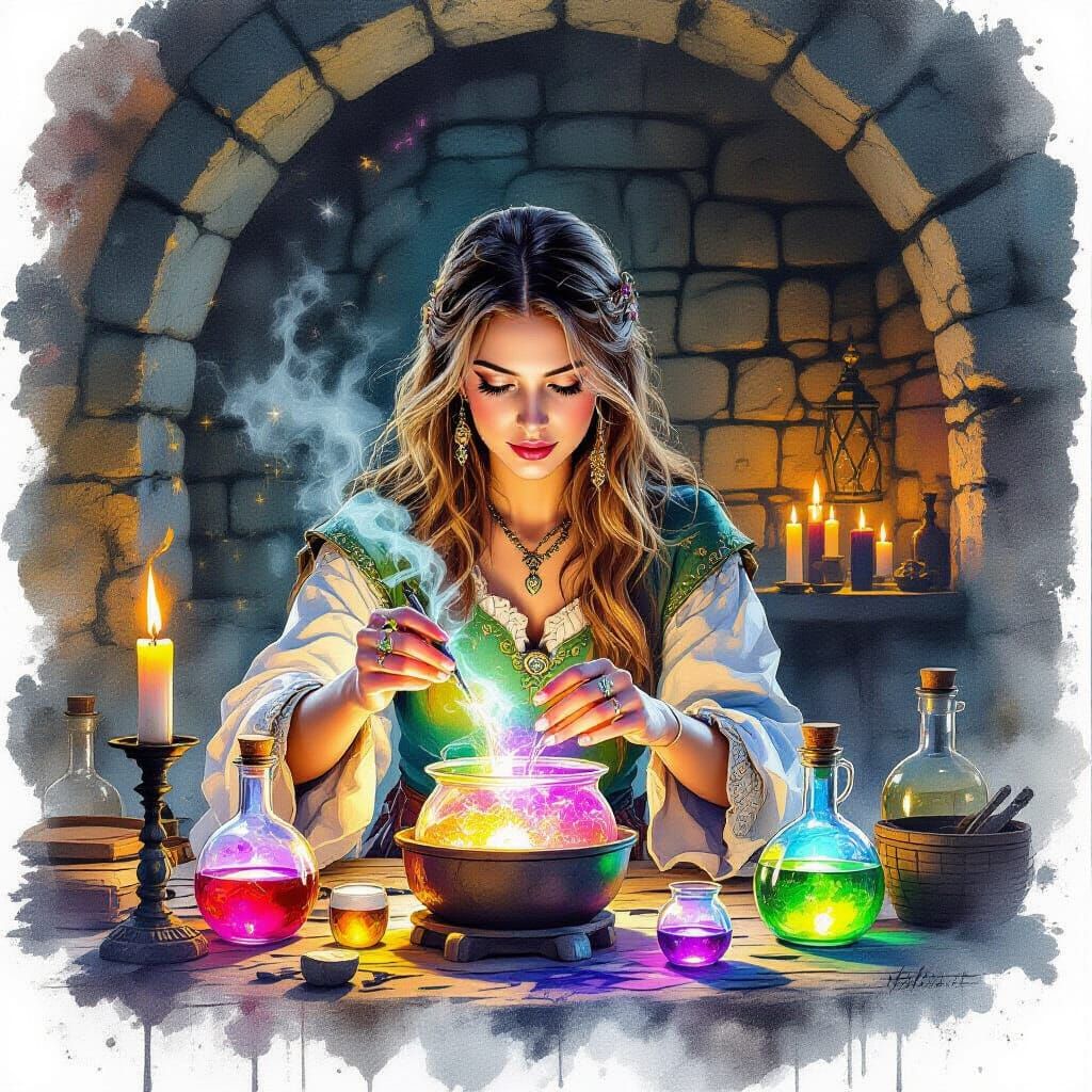 Medieval Alchemist Brews Potions in Watercolor Style