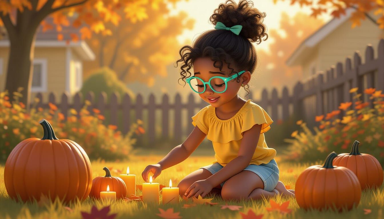Pixar-Style Girl Decorates Fall Yard with Pumpkins