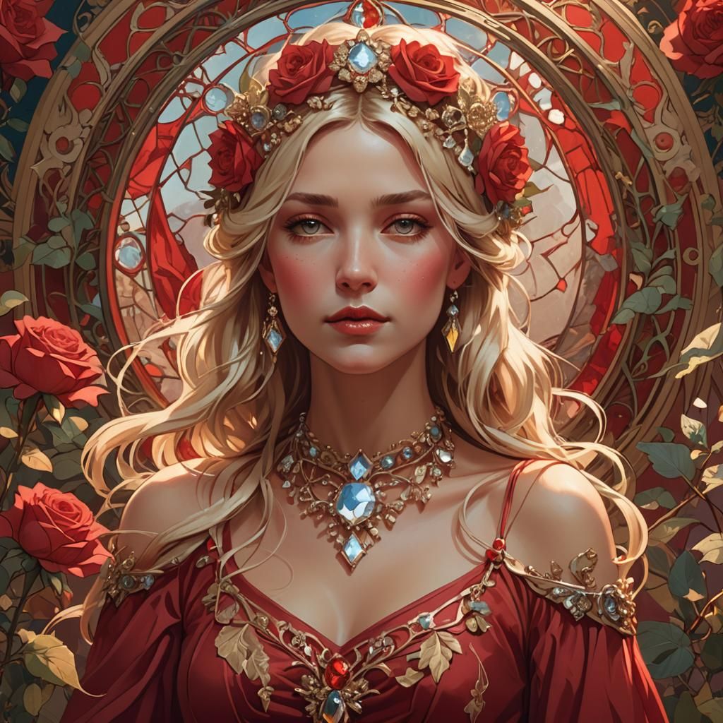 Blonde Girl with Crystal Necklace in Art Nouveau Style