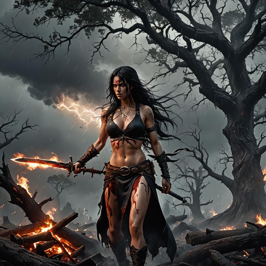 Female Sword Fighter in Rain and Lightning