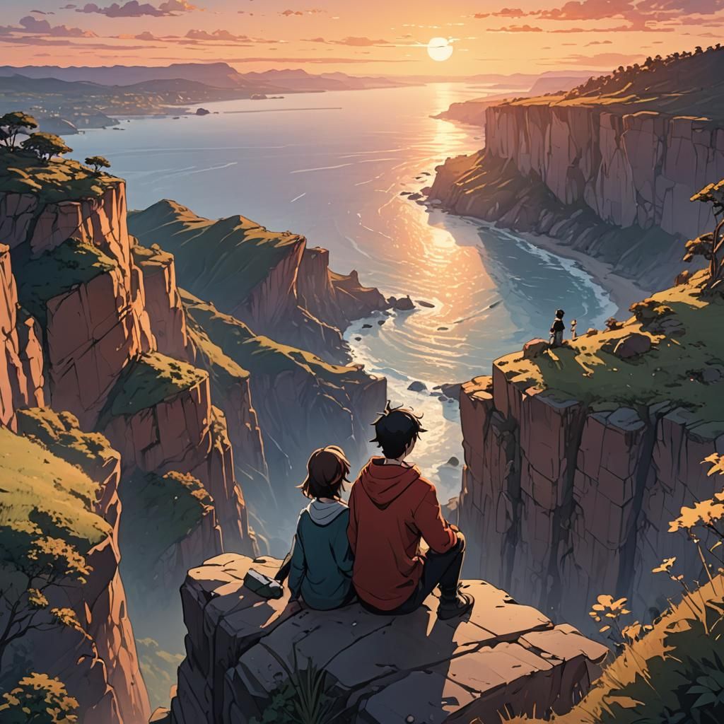 Anime Sunset Cliffside Scene in Cel-Shaded Style